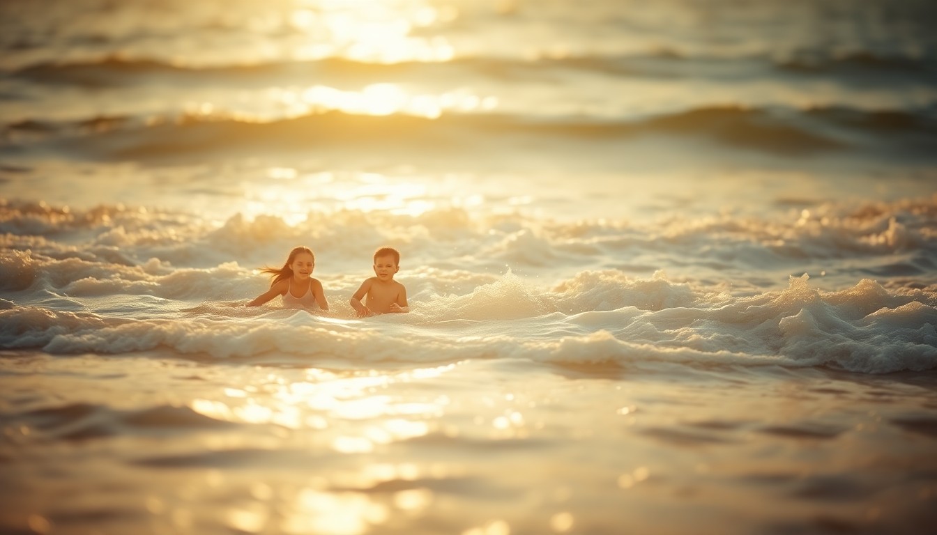 An abstract, impressionistic photograph in soft, blurred hues of blue, green, and gold, evoking the tranquility and danger of the ocean waves.