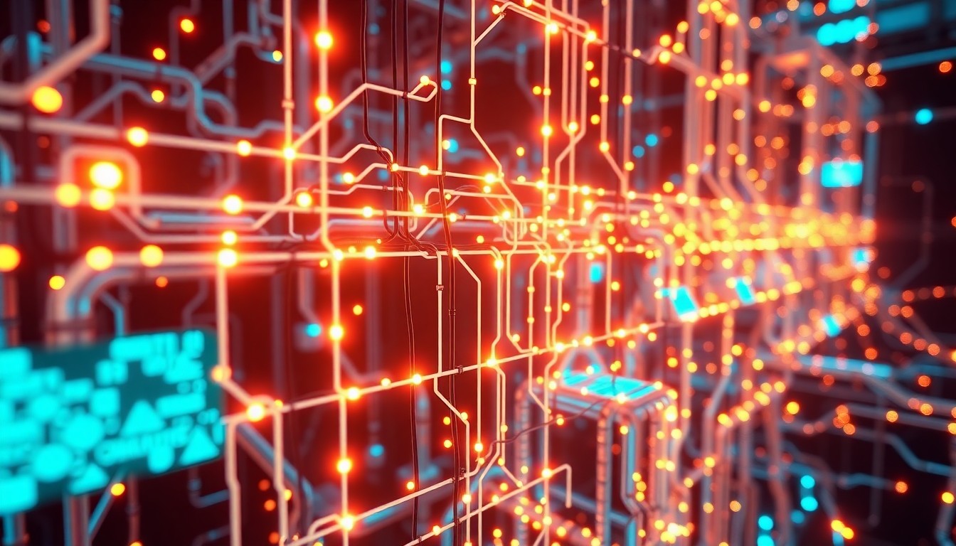 A highly detailed, glowing 3D illustration of a complex network of illuminated cables, circuits, and data nodes, conceptually representing the digital infrastructure that powers AI development.