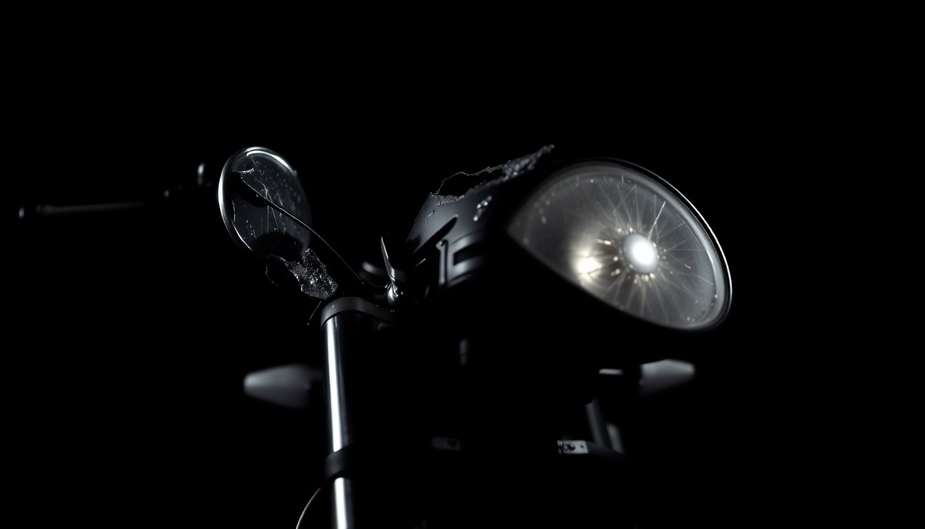 An extreme close-up photograph of a damaged motorcycle part, such as a shattered mirror or crumpled fender, lit by a harsh, direct camera flash against a pitch-black background, conceptually illustrating the aftermath of a serious motorcycle accident.