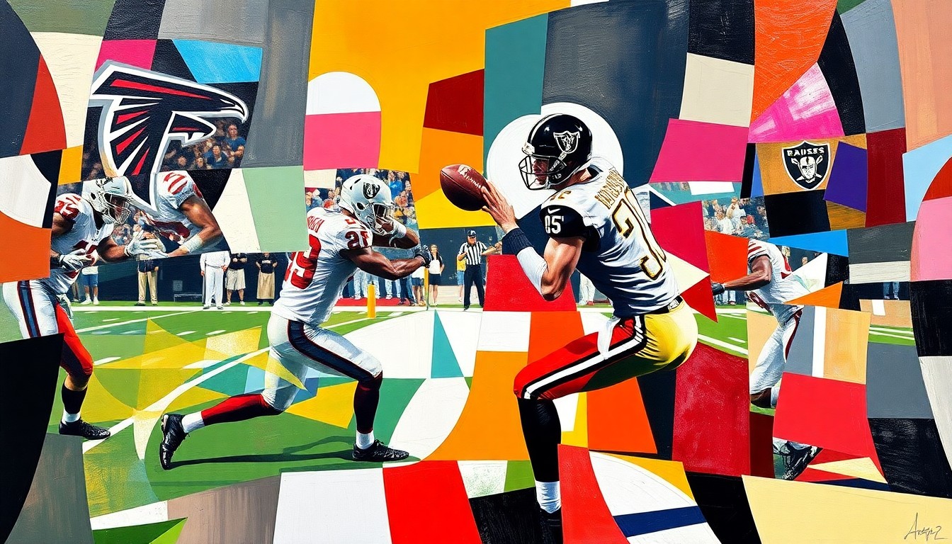 A cubist, geometric painting depicting a football player in motion, with sharp, overlapping planes of color representing the Atlanta Falcons' red and black, and the Las Vegas Raiders' silver and black, conceptually illustrating the transition of a veteran quarterback to a new team.