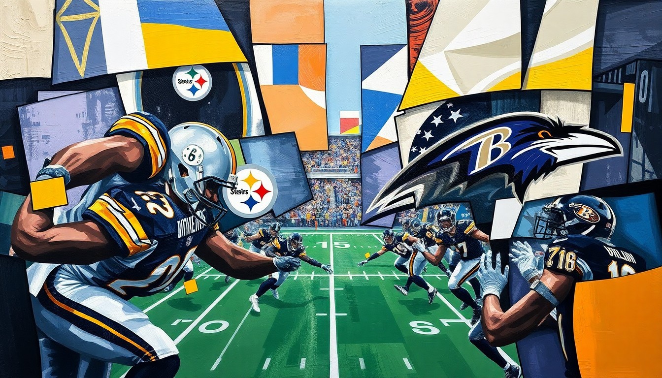 A cubist, fragmented painting depicting a tense football game between the Pittsburgh Steelers and Baltimore Ravens, with sharp geometric shapes and planes representing the intense rivalry and drama of the matchup.