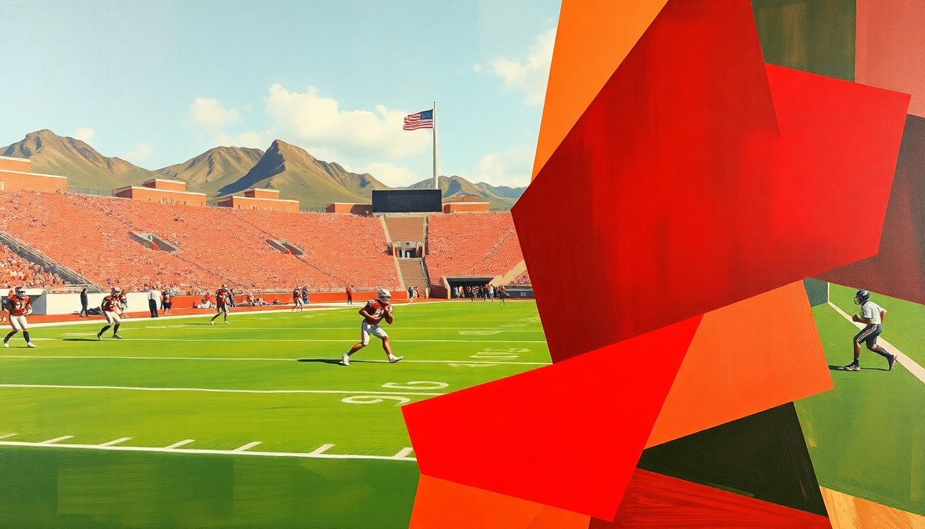 A fractured, multi-perspective painting in vibrant shades of green, orange, and red, depicting a Utah football practice or game broken down into sharp, overlapping geometric planes, conveying the intensity and energy of the team's preparation under new head coach Morgan Scalley.