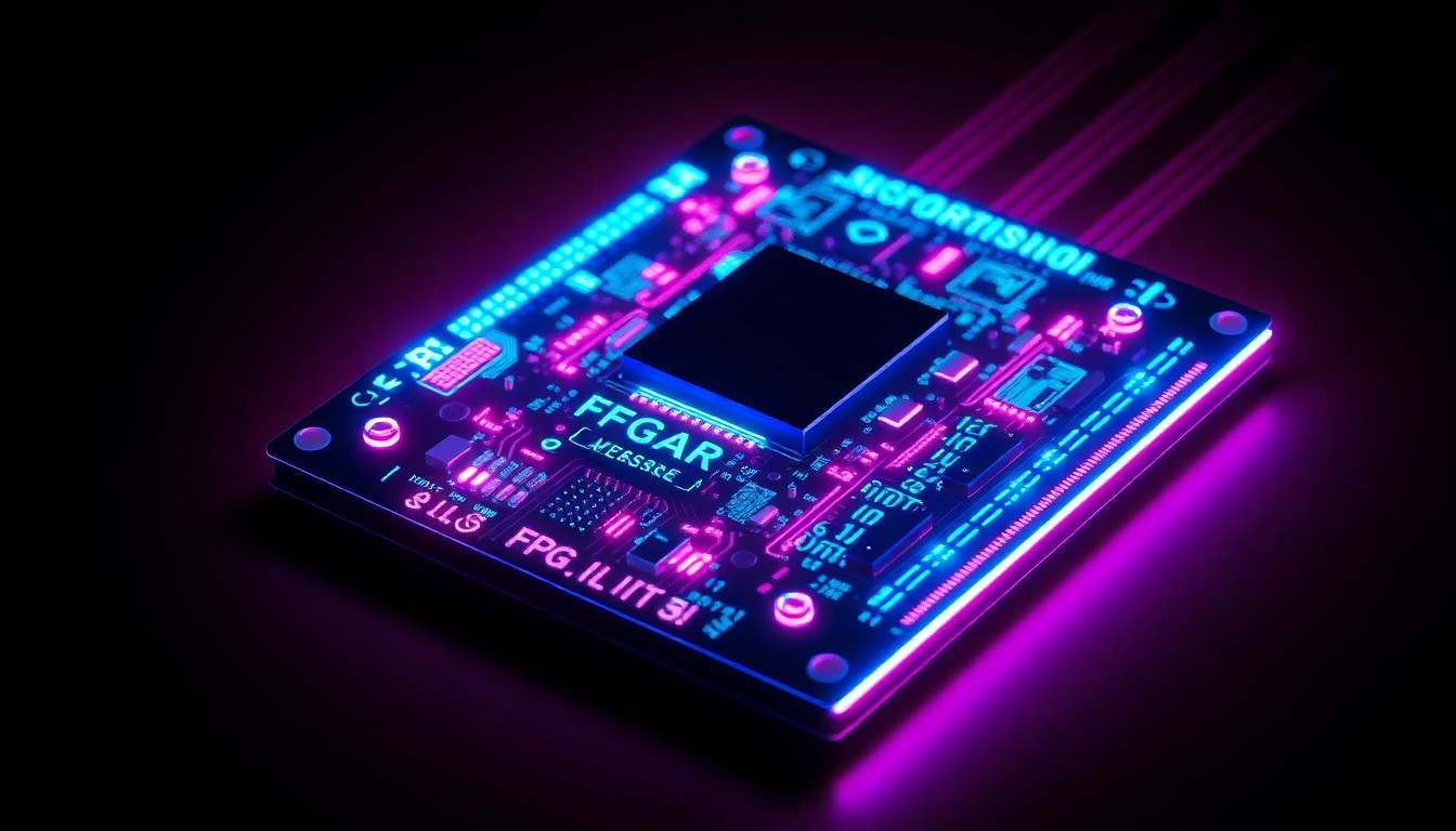 A highly detailed 3D illustration of a glowing, neon-lit FPGA chip, with intricate circuitry and geometric patterns illuminated by vibrant cyan and magenta lights, conceptually representing the advanced, futuristic technology powering modern electronics.