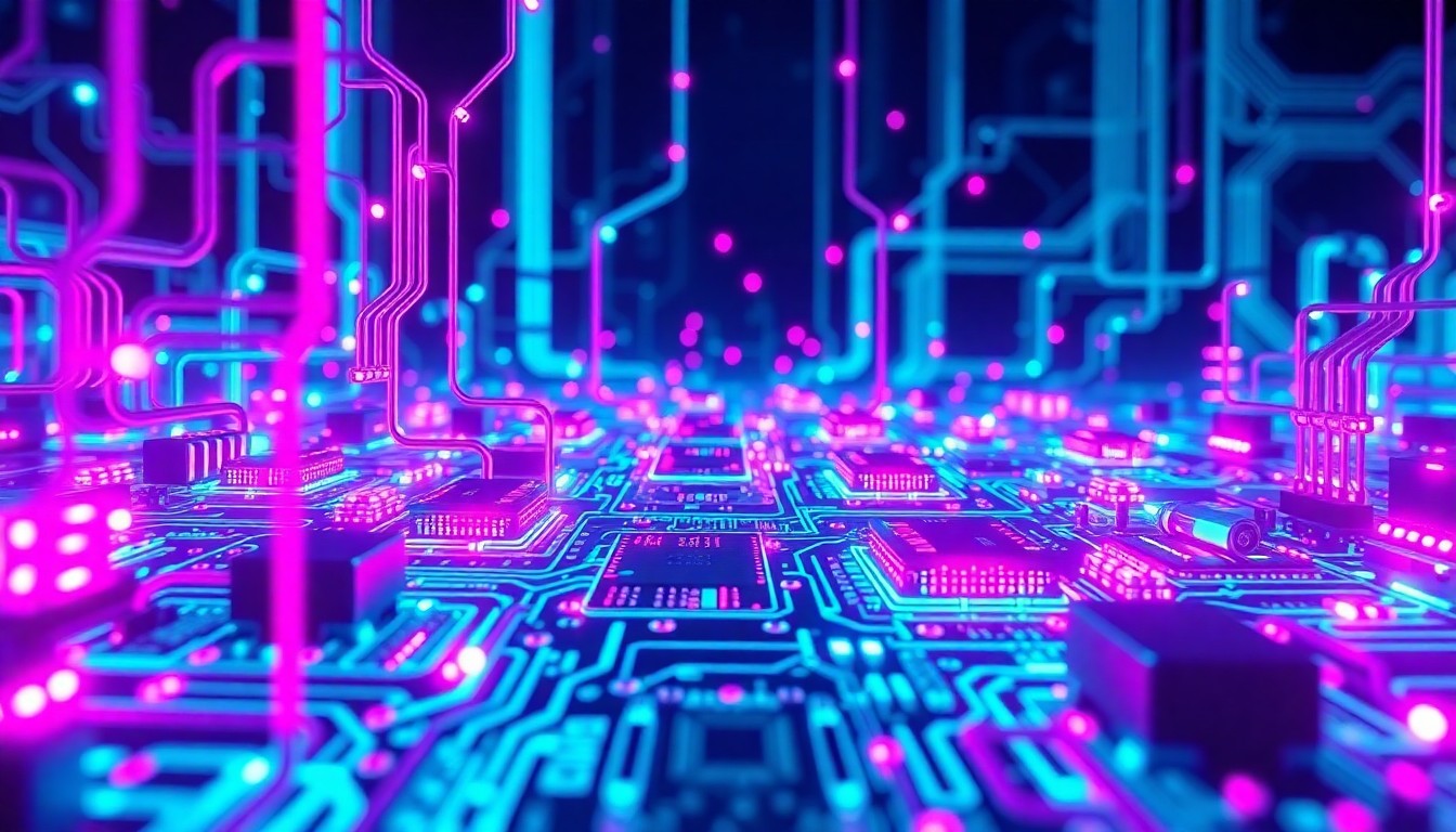 A highly detailed, glowing 3D illustration of a complex network of illuminated circuits, wires, and data nodes, representing the convergence of human knowledge and AI-powered capabilities.