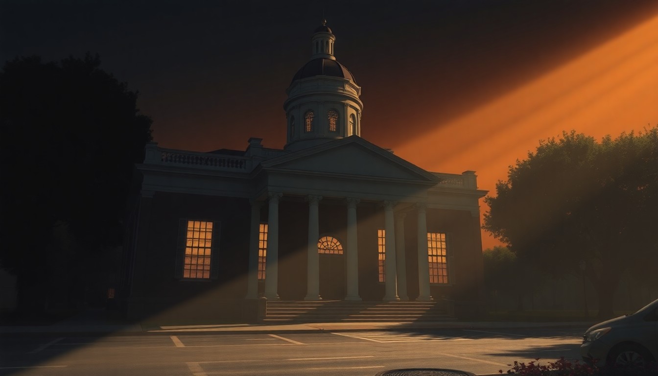 A photorealistic painting of the exterior of a grand, historic building with columns and a dome, bathed in warm, golden sunlight and deep shadows, capturing the nostalgic, cinematic mood of the scene.