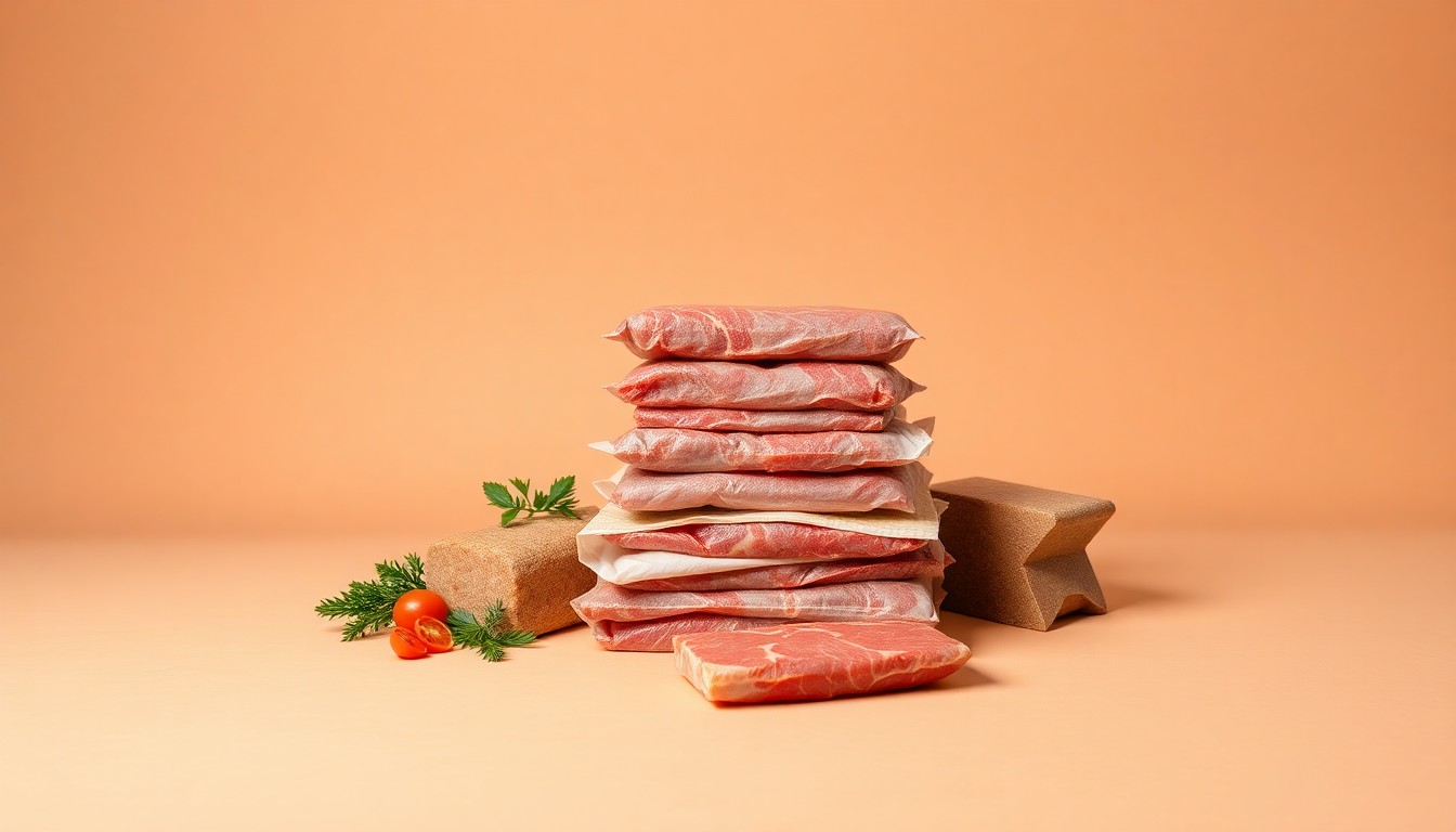 A photorealistic studio still life featuring a stack of freshly packaged meat products on a clean, monochromatic background, symbolizing the abstract concepts of corporate strategy and finance in the meat processing industry.