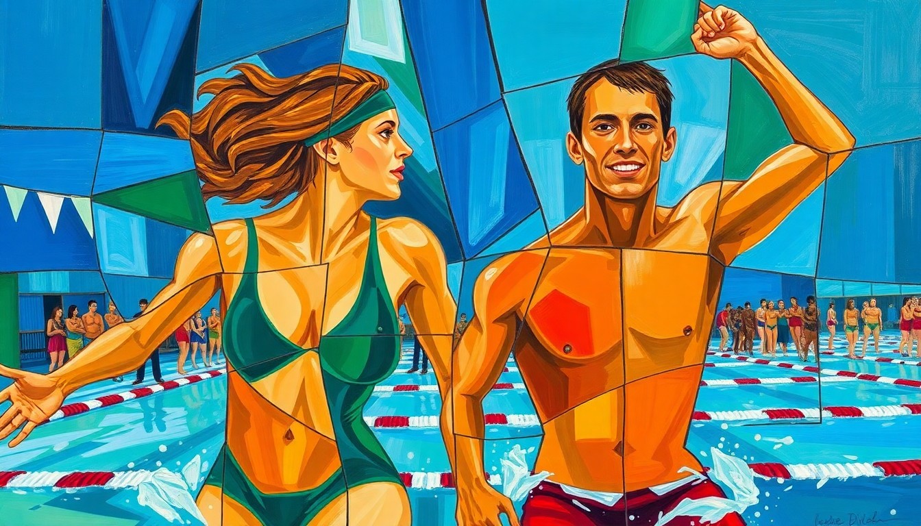 An abstract, geometric painting depicting the figures of two swimmers in a fractured, multi-perspective style, representing the shared passion and dedication of Julia Dennis and Charlie Crush.