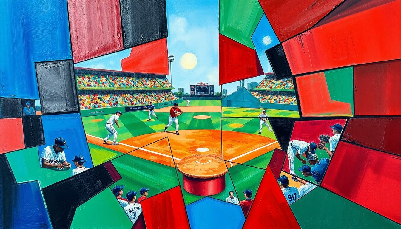 A fractured, cubist-style painting depicting a baseball pitcher in motion, with the pitcher's form broken down into sharp, overlapping geometric shapes and planes in vibrant colors, conveying the strategic complexities of pitching in a stadium with changing dimensions.