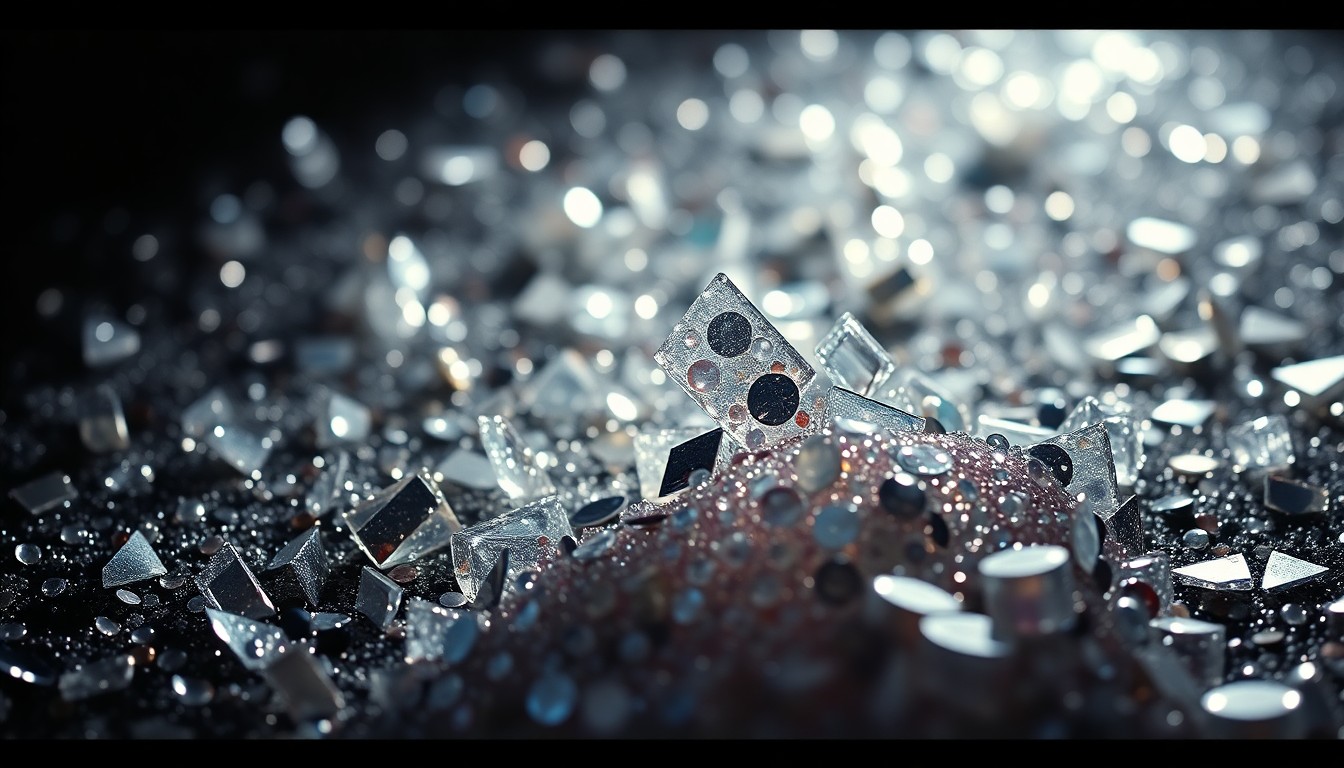 An abstract close-up photograph featuring a high-contrast composition of glittering sequins and shattered glass, conveying the luxurious, high-fashion aesthetic of a romantic comedy film.