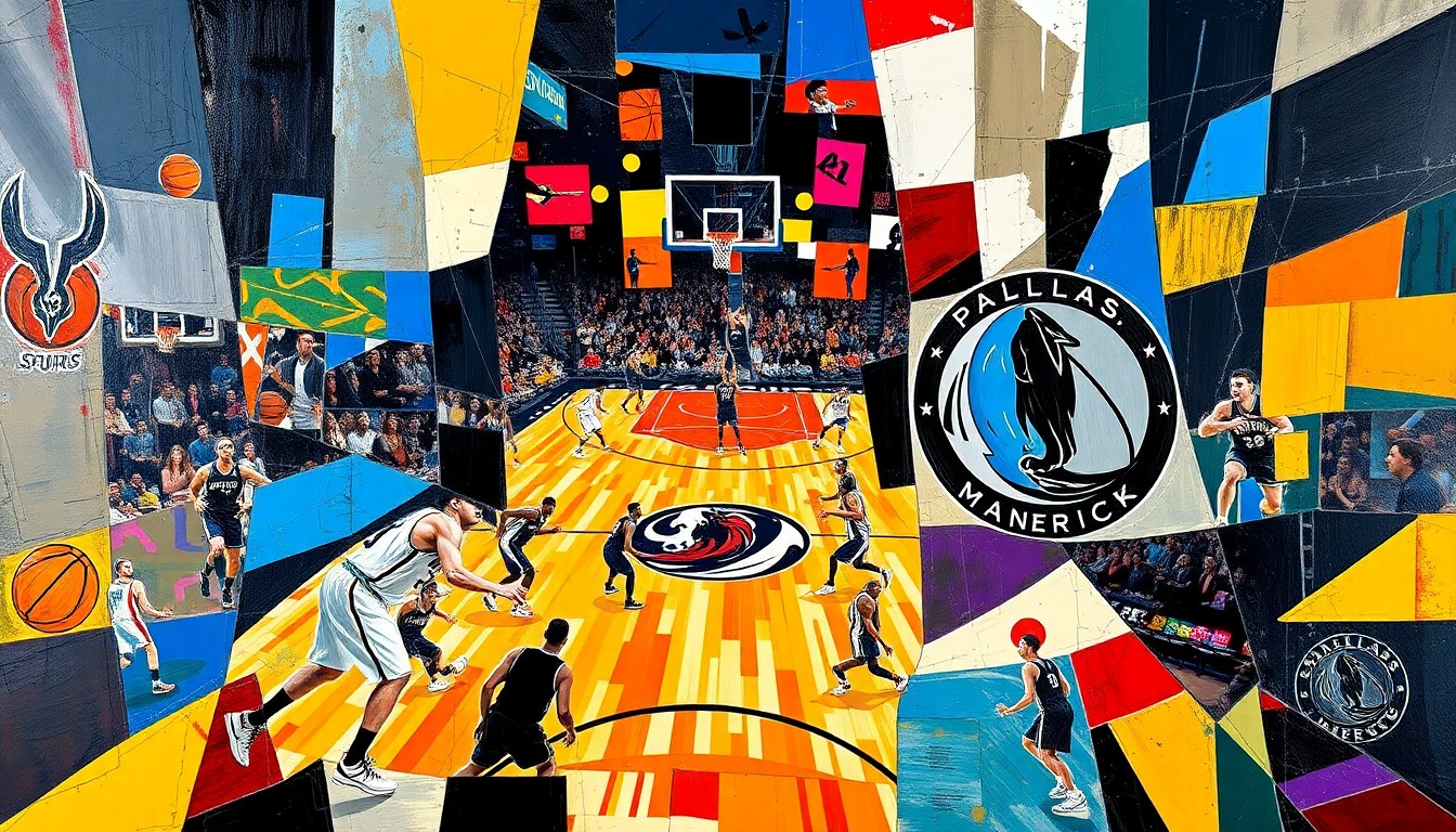 A cubist, geometric painting depicting a basketball game between the San Antonio Spurs and Dallas Mavericks, with the players and court broken down into overlapping, angular shapes and planes in vibrant colors.