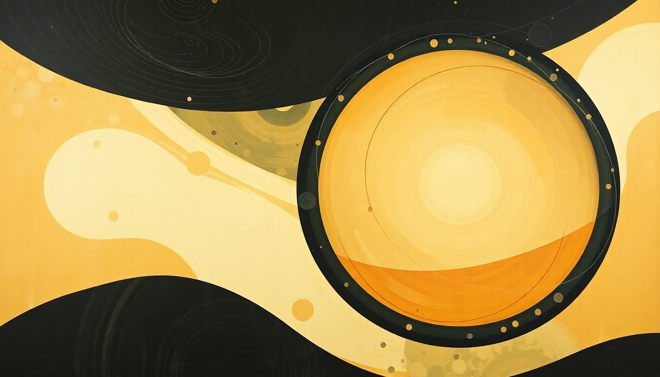 A bold, abstract painting in earthy tones of ochre, olive, and indigo, featuring sweeping geometric arcs, concentric planetary circles, and precise botanical spirals, conceptually representing the complex forces and concepts of the Artemis II mission.