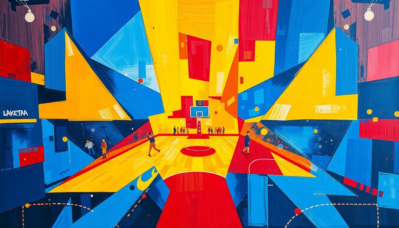 A cubist, geometric painting depicting a basketball game or match, with overlapping planes of vibrant colors like blue, red, and yellow, conceptually representing the multifaceted dynamics and strategic elements that contribute to a team's success.