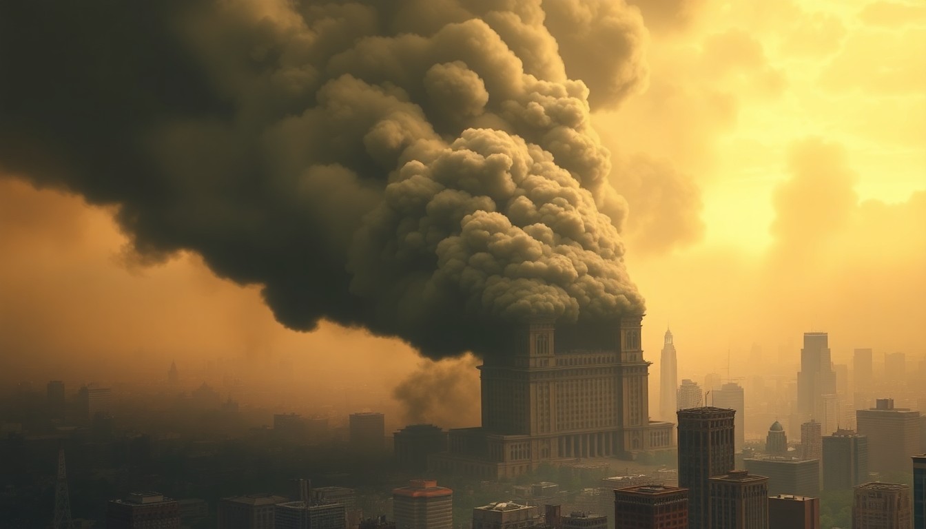 A dramatic landscape painting depicting a massive plume of dark smoke billowing up from a building, obscuring the surrounding cityscape in a hazy, melancholic atmosphere and conveying the overwhelming power of the natural disaster.