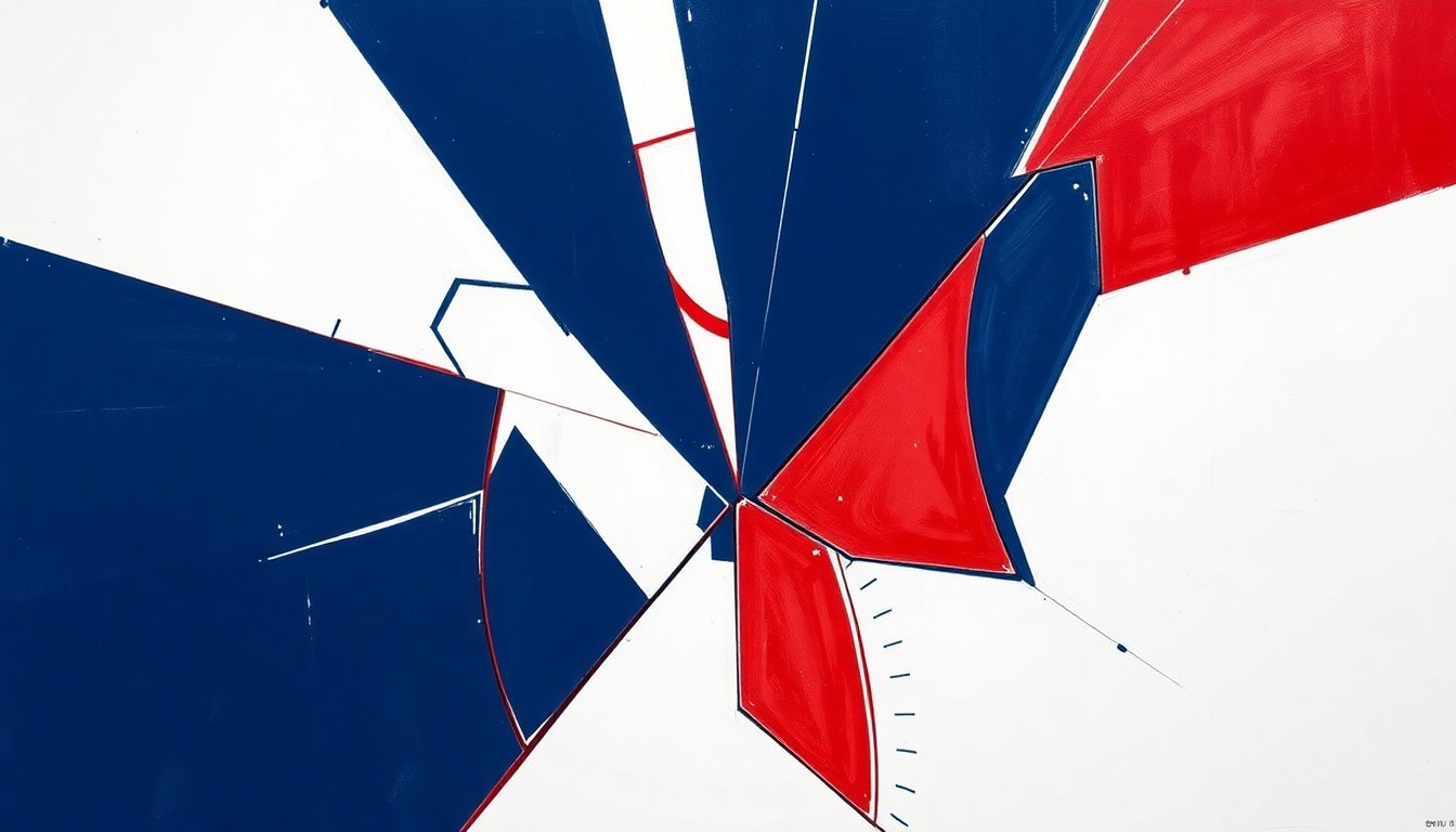 A fractured, cubist-style painting depicting the intense action and energy of the UConn women's basketball team's victory over Notre Dame, with sharp geometric shapes and planes in navy blue, white, and red representing the players and the court.