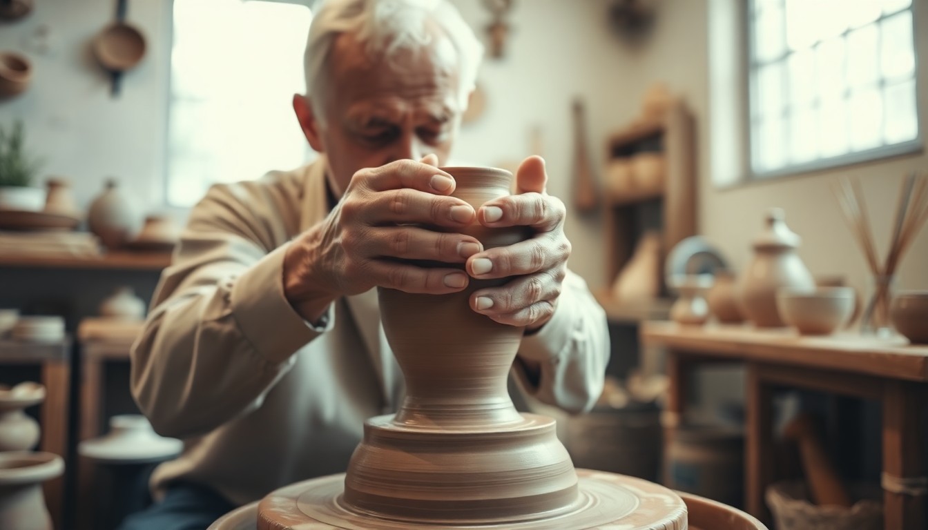An abstract, out-of-focus photograph depicting an elderly man's hands carefully shaping a clay pot on a pottery wheel, surrounded by a blurred, dreamlike scene of a home studio filled with ceramic pieces and tools, conveying a sense of tranquility and the timeless nature of creative pursuits.
