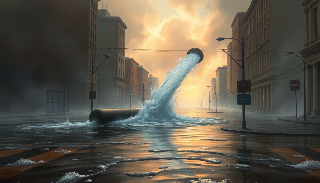 A vast, atmospheric landscape painting depicting a flooded urban intersection with a damaged water main spewing water into the air, conveying the overwhelming scale and power of the natural forces disrupting the city's infrastructure.