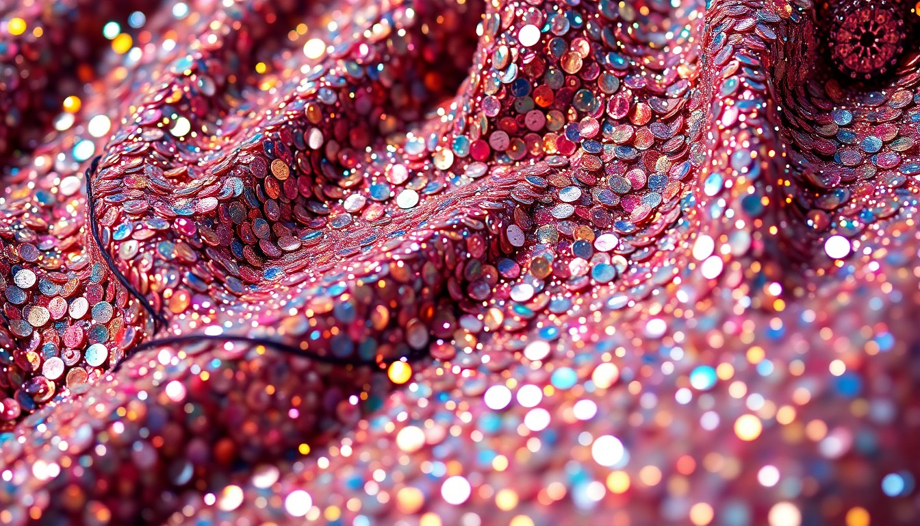 An extreme close-up photograph of shimmering, glittering sequins and metallic textures, conceptually representing the high-energy, glamorous atmosphere of a music festival.