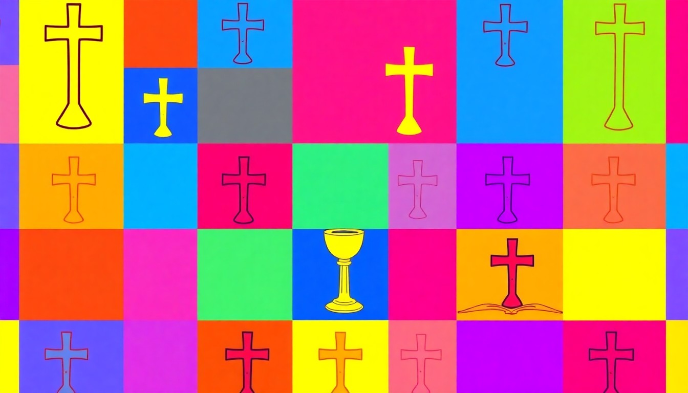 A bold, colorful silkscreen print featuring a repeated religious symbol such as a cross or open book, rendered in a high-contrast, neon-infused pop art style that transforms the everyday into the extraordinary.