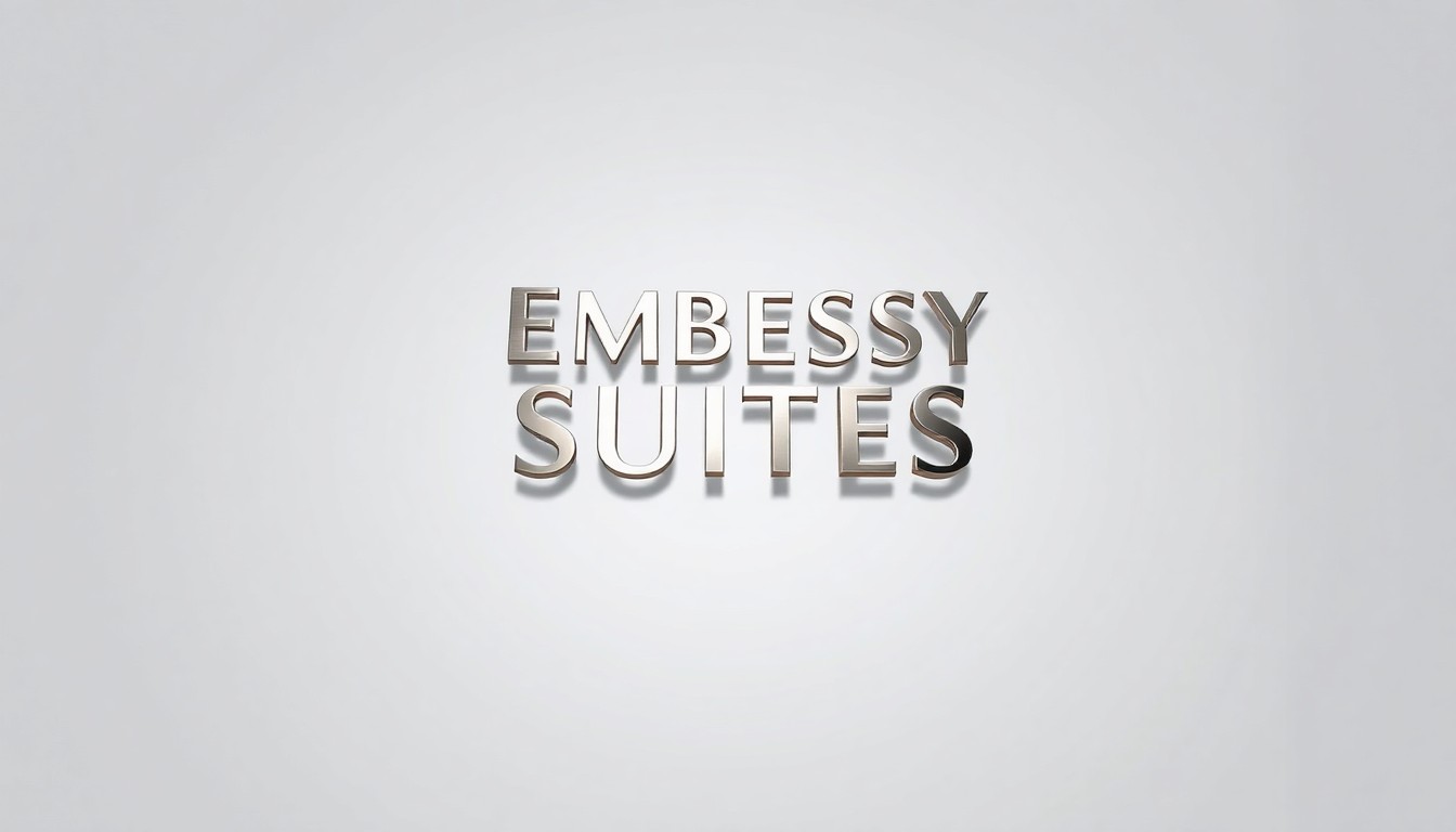 A highly detailed, photorealistic studio photograph of a polished, geometric stainless steel model of the Embassy Suites hotel logo, floating elegantly on a clean white background and using dramatic lighting and shadows to represent the strategic acquisition of this hospitality asset.