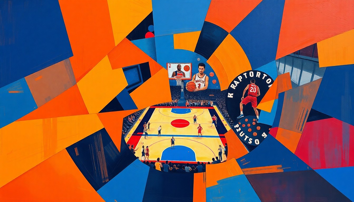 A cubist, geometric painting depicting a basketball game in motion, with fragmented shapes and planes of orange, blue, and red representing the dynamic action on the court.