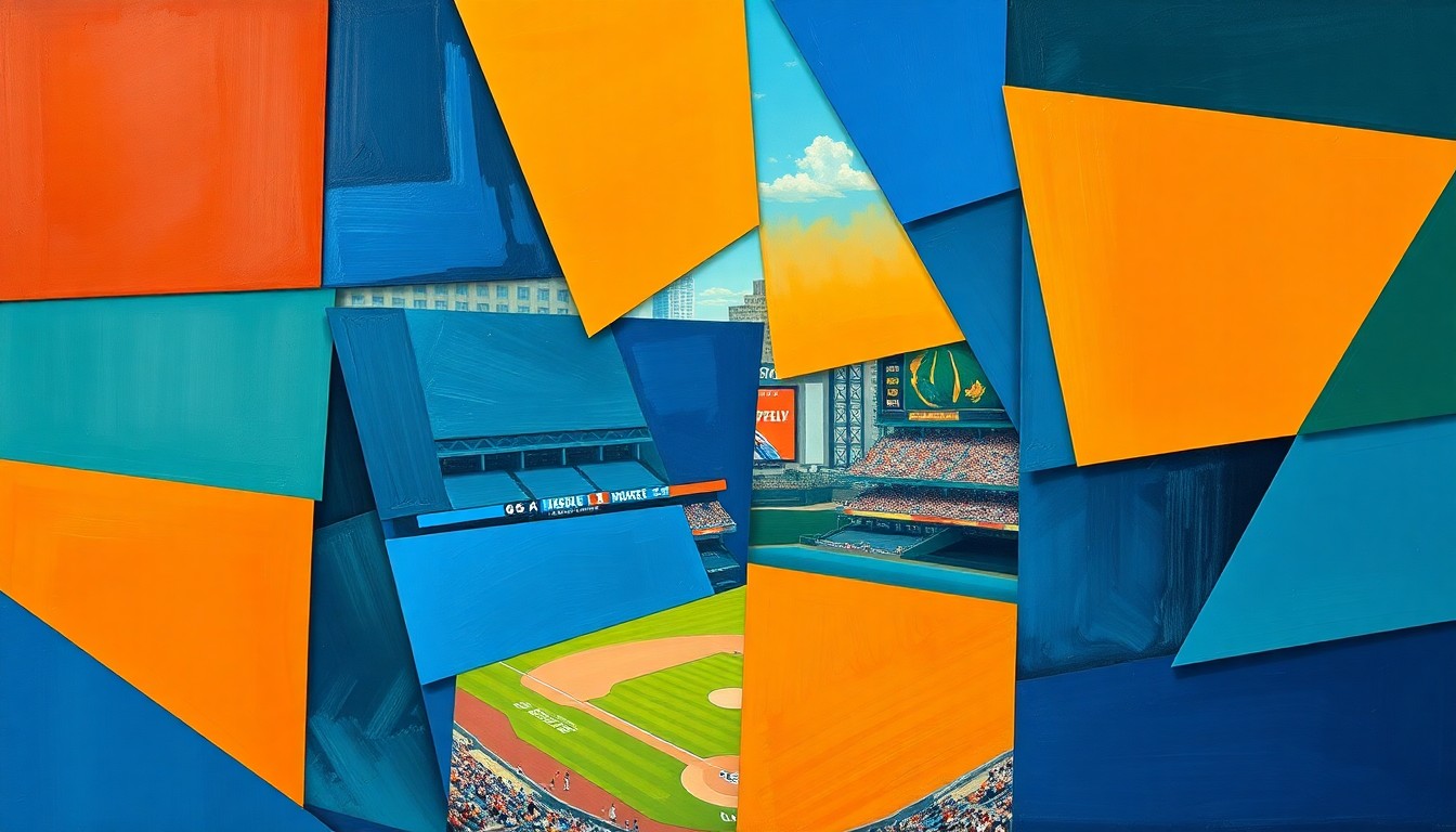 A cubist, geometric painting depicting a fragmented baseball game scene, with sharp planes of color representing the players, field, and stadium elements in an abstract, deconstructed style.