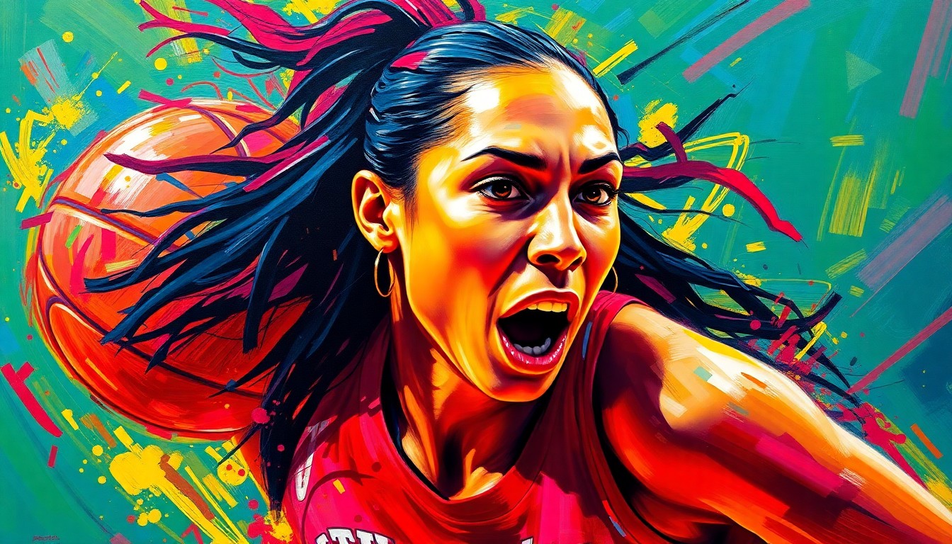 An abstract expressionist painting featuring bold, energetic brushstrokes in neon shades of pink, orange, and blue, conceptually representing the dominant and dynamic presence of WNBA star Brittney Griner on the basketball court.