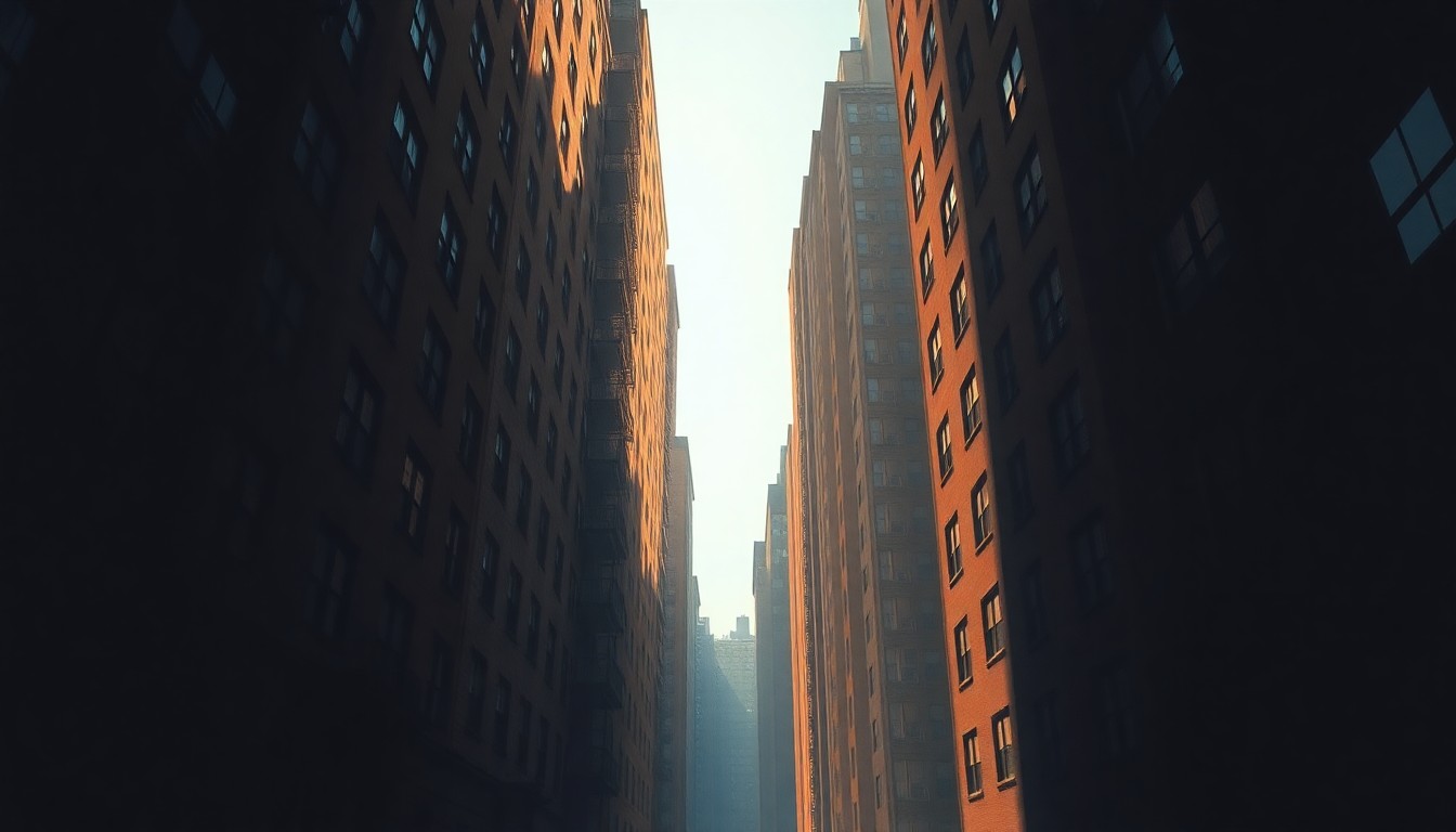 A photorealistic painting of a multi-story apartment building in New York City, with warm sunlight casting long shadows across the facade and windows. The scene conveys a sense of urban solitude and the challenges facing residents in the city's housing market.