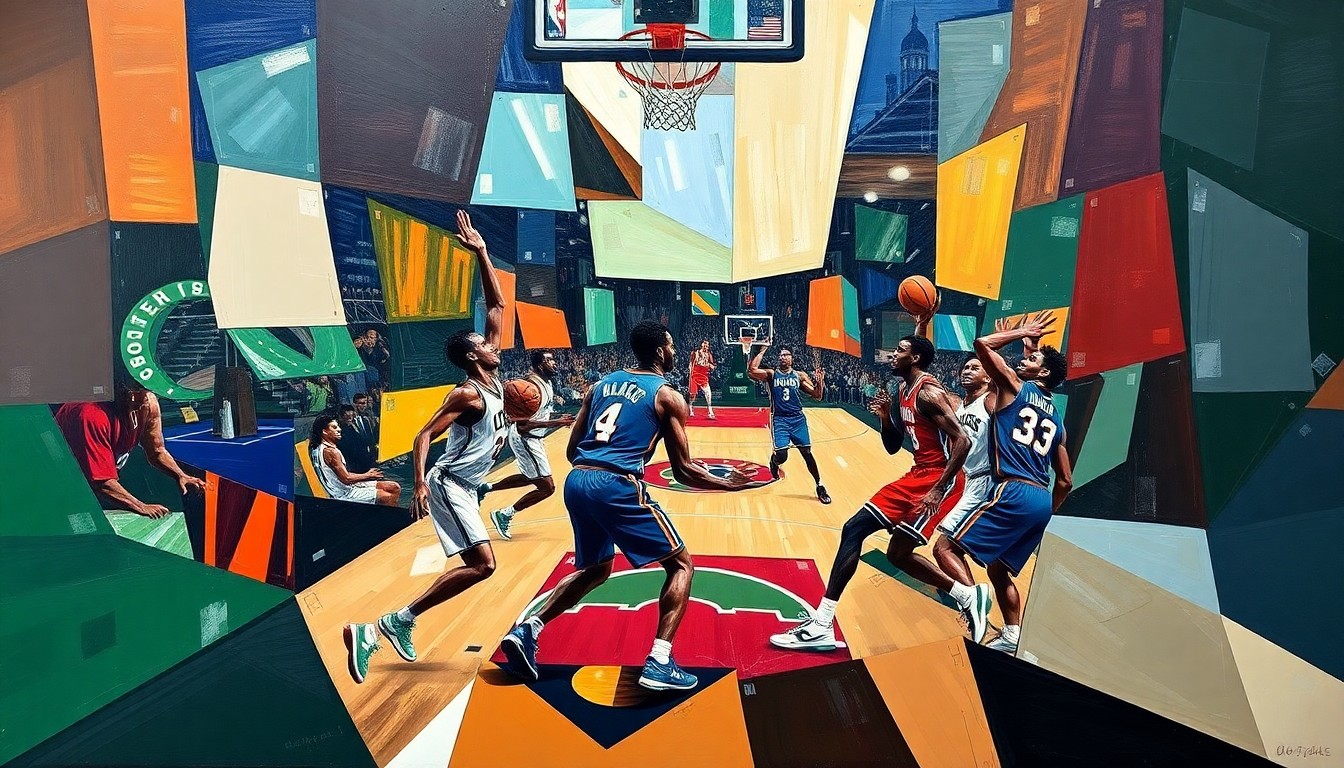 A cubist, geometric painting depicting the energy and movement of a basketball game, with overlapping planes of color and shape representing the players and the action on the court.