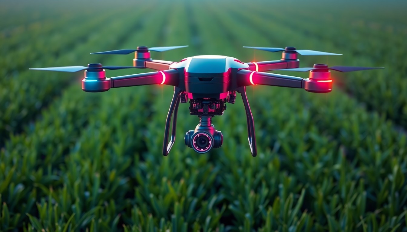 A highly detailed, glowing 3D illustration of a drone hovering over a lush green farm field, with neon cyan and magenta lights illuminating the drone's intricate mechanical components, conceptually representing the role of advanced technology in supporting the entrepreneurial spirit of young farmers.