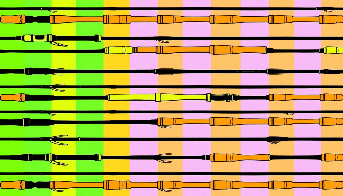 A brightly colored, high-contrast silkscreen print of a fishing rod repeated in a tight grid pattern, representing the diverse outdoor recreation products showcased at the Bemidji event.