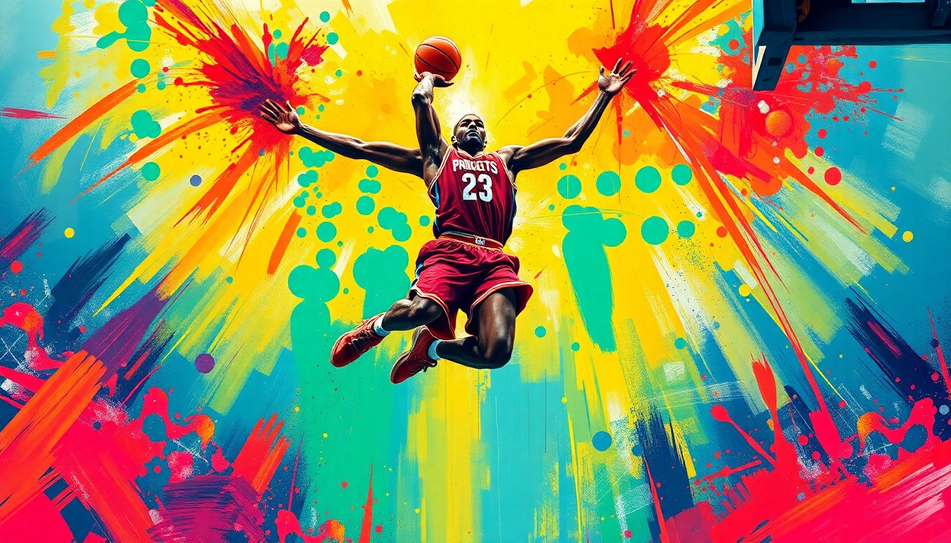 An extreme close-up of Victor Wembanyama's towering figure, rendered in a vibrant, expressionist painting style with rapid brushstrokes and neon colors that capture his raw athletic energy and dominance on the basketball court.