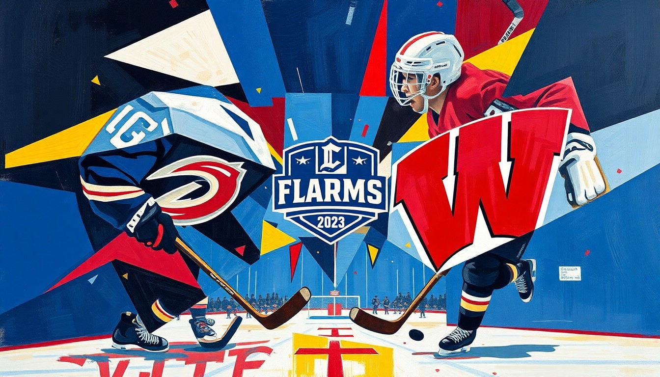A cubist, geometric painting featuring overlapping planes of navy blue, cardinal red, and gold, conceptually representing the intensity and energy of a championship college hockey game.