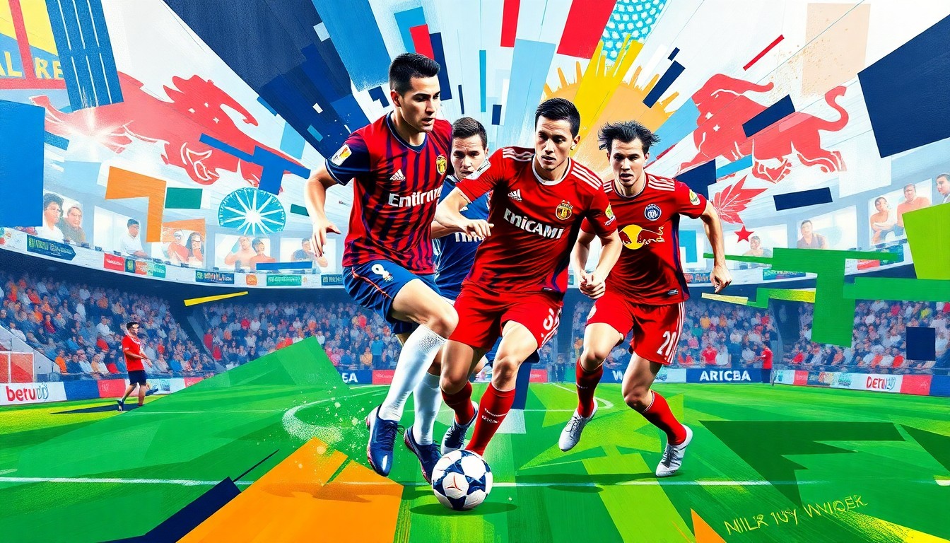 A fractured, cubist-style painting depicting the high-intensity action of an MLS soccer match between Inter Miami and NY Red Bulls, with the players and ball broken down into sharp, overlapping geometric shapes in a vibrant color palette of red, blue, and green.