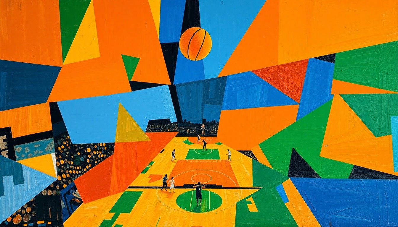 A cubist, geometric painting depicting fragmented basketball players and a basketball court, rendered in bold, clashing colors that capture the energy and chaos of the game.