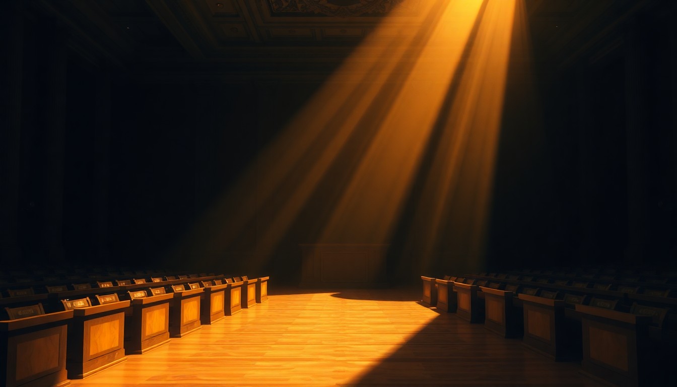 A cinematic painting of an empty, dimly lit courtroom with warm sunlight streaming through the windows, creating deep shadows and a sense of quiet contemplation about the transition of judicial power.