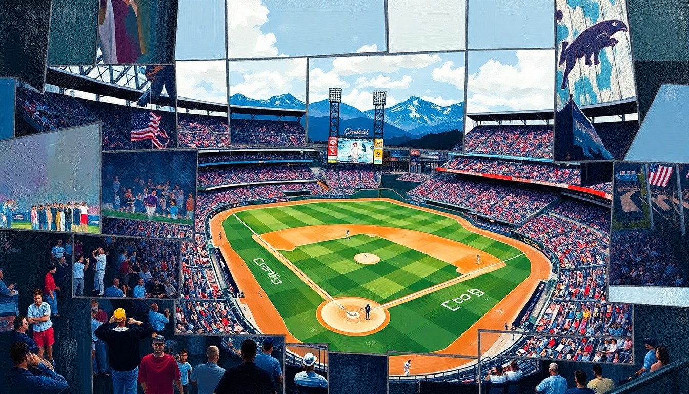 A cubist, geometric painting depicting a Colorado Rockies baseball game, with the players and field broken down into sharp, overlapping shapes and planes of color.