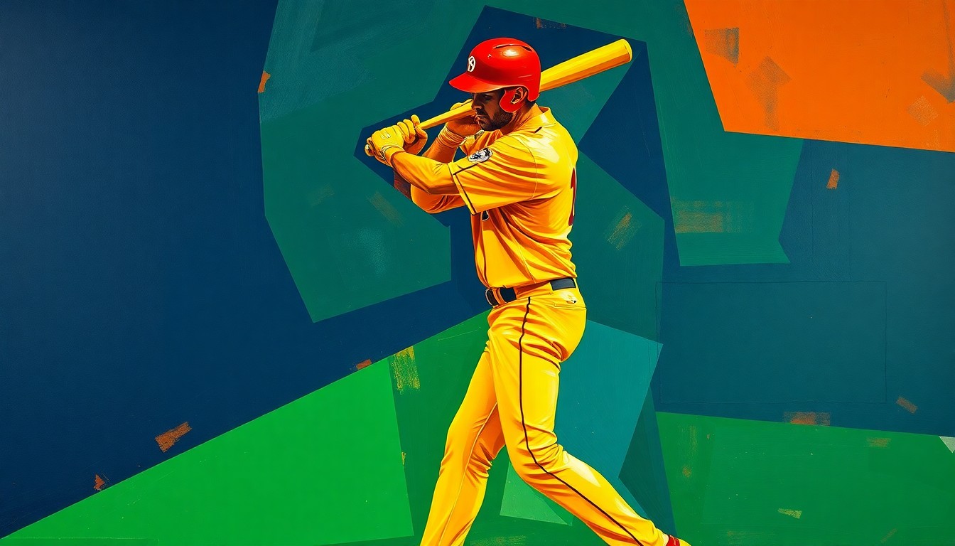 A cubist-style painting featuring sharp, overlapping geometric shapes in navy blue, forest green, and burnt orange, breaking down a baseball player's batting stance and swing into a fractured, multi-perspective visual.