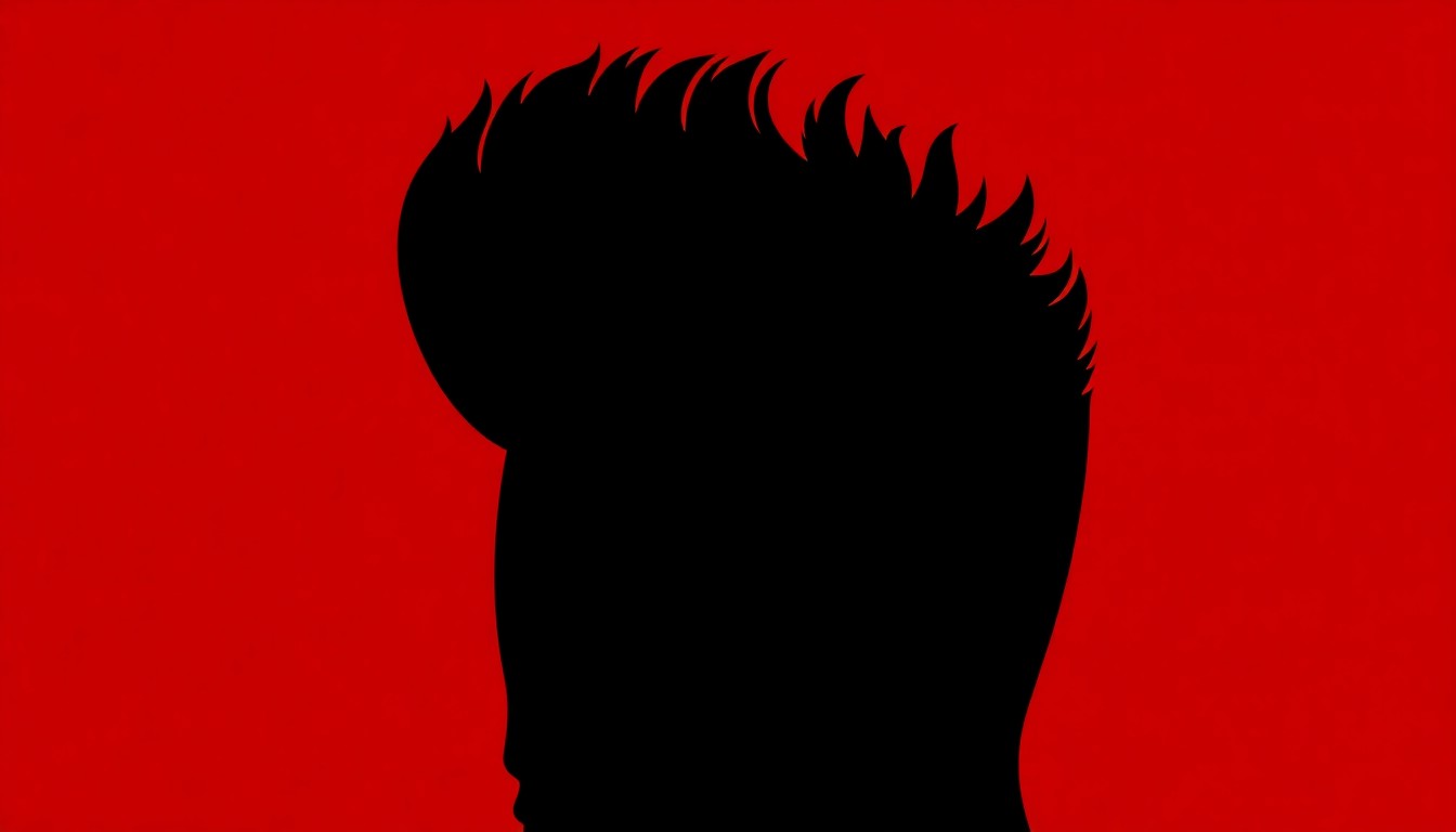A dramatic black silhouette of Bruno Mars' signature pompadour hairstyle set against a bright red background, conceptually representing the pop star's outsized influence and iconic status in the entertainment capital of the world.