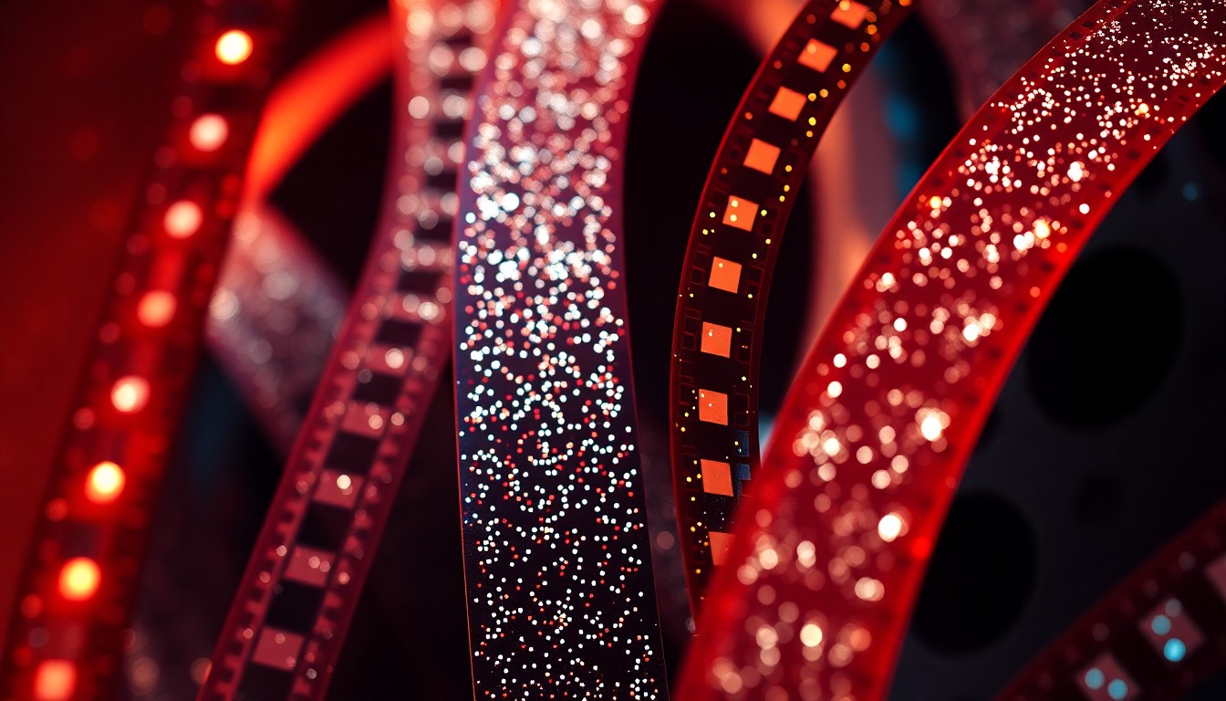 An extreme close-up of shimmering, textured film stock material, capturing the luxurious, high-fashion aesthetic of a major film festival.