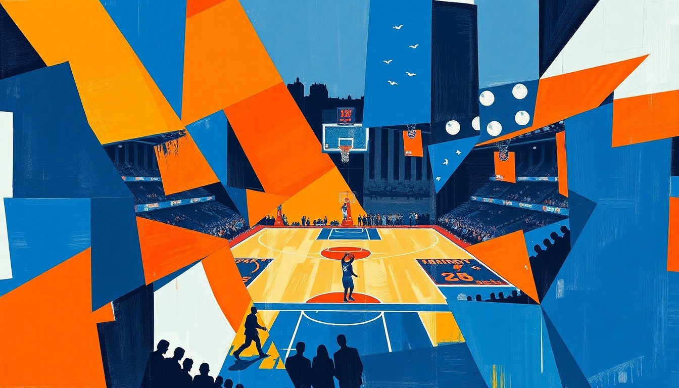 A cubist, geometric painting depicting a basketball game or match, with sharp, overlapping planes of vibrant orange, blue, and white colors representing the New York Knicks' official team palette.