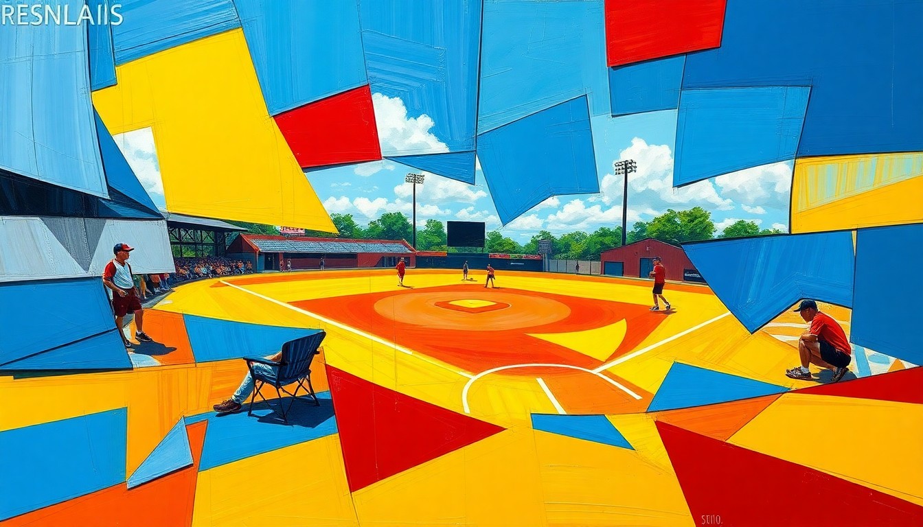 A fragmented, geometric painting in bold colors depicting the action and movement of a high school softball game, representing the Tigers' milestone season.