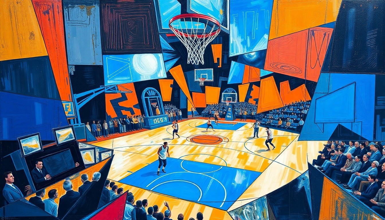 A cubist, geometric painting depicting overlapping, fragmented shapes and planes in vibrant colors representing a basketball game or match, conceptually illustrating the dynamic play of the Indiana Fever's star players.