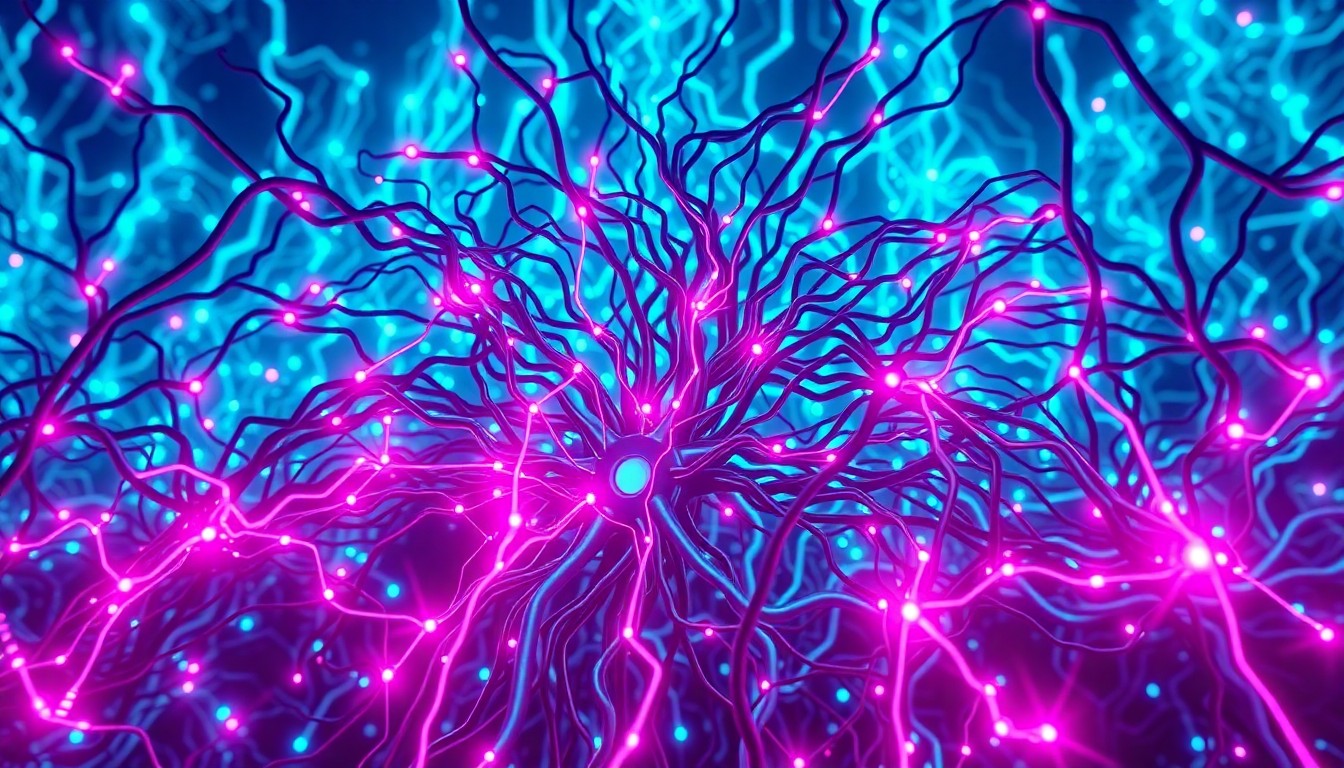A highly detailed, glowing 3D illustration of a complex neural network or AI infrastructure, with neon cyan and magenta lights pulsing through the intricate circuitry, conceptually representing the immense power and potential of AI technology as well as the underlying risks and vulnerabilities that could enable the amplification of authoritarian ideas.