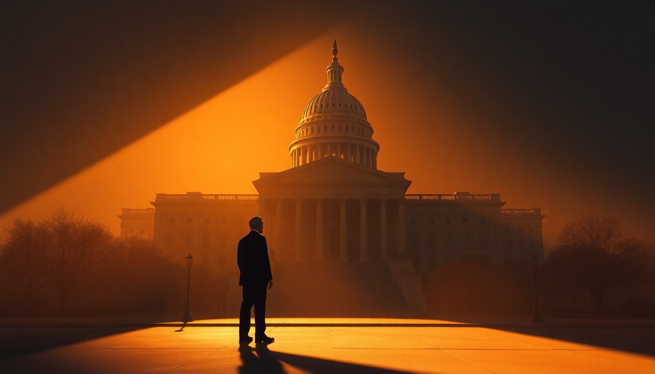 A dimly lit, cinematic painting of a government building or political figure, with warm sunlight casting dramatic shadows across the scene, conveying a sense of solemnity and uncertainty surrounding the US decision to withdraw from the global climate treaty.