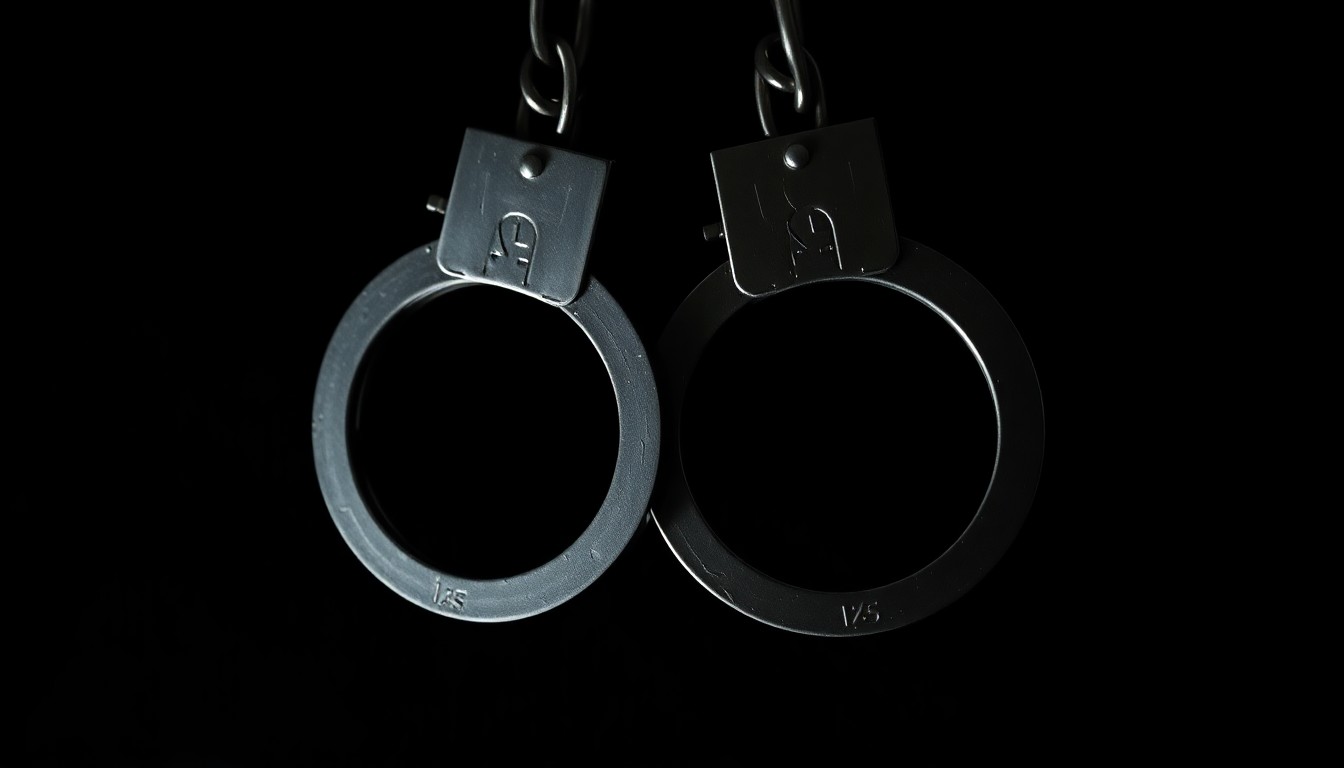 An extreme close-up photograph of a set of handcuffs against a pitch-black background, lit by a harsh, direct camera flash, creating a stark, gritty, investigative aesthetic that conceptually represents the complexities of the death penalty.