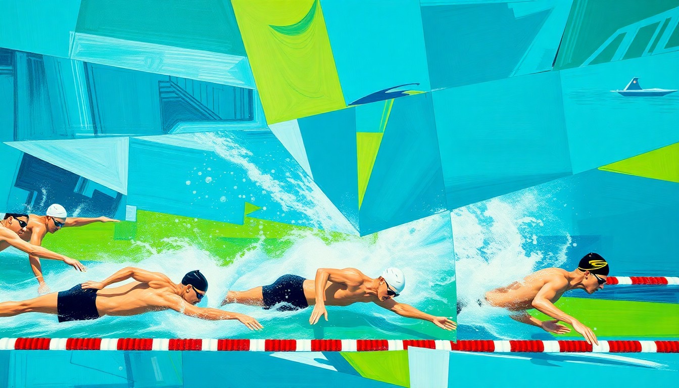 A cubist, geometric painting depicting a swimming race or competition, with overlapping planes of color and form representing the dynamic movements and perspectives of the athletes.