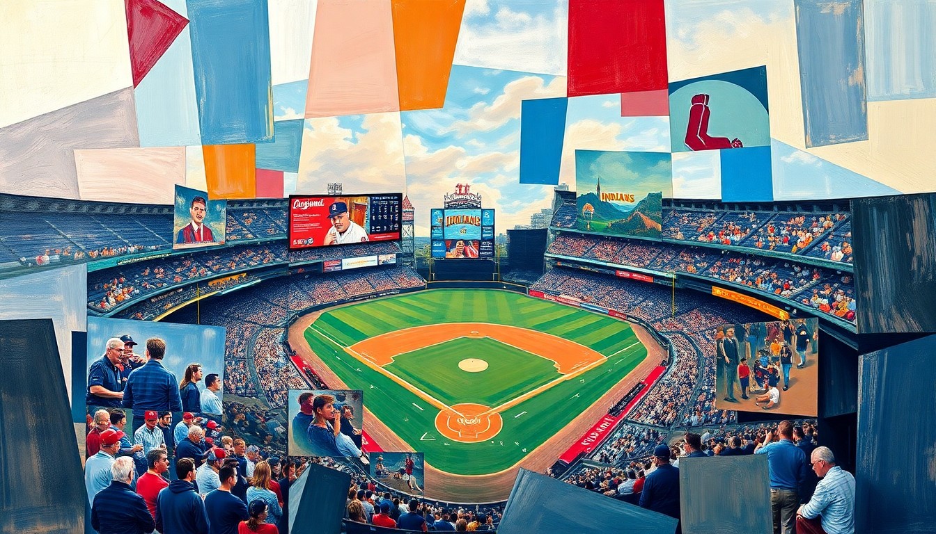 A cubist, geometric painting depicting a Cleveland Indians baseball game, with players and the field broken down into sharp, overlapping shapes and planes of color, capturing the energy and excitement of the team's historic 1995 season.