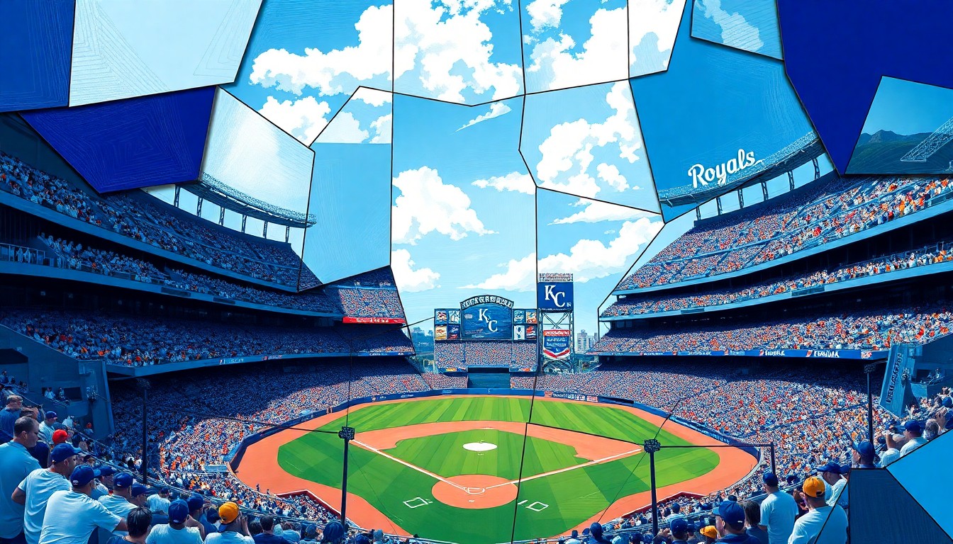 A cubist, geometric painting depicting a fractured baseball stadium, players, and fans in the official colors of the Kansas City Royals, capturing the multifaceted nature of the team's stadium deal proposal.