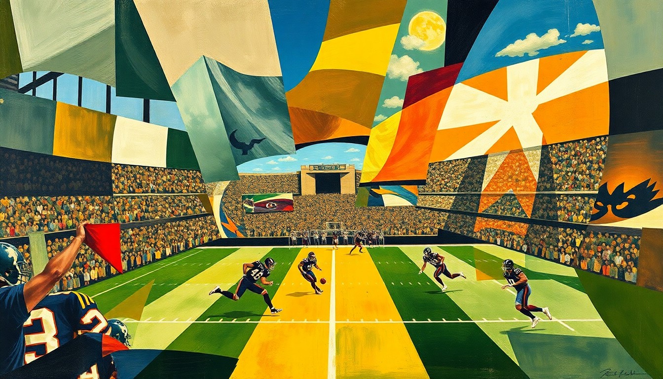 A cubist-style painting depicting a fragmented, geometric representation of a football game, capturing the dynamic energy and unpredictability of the sport.