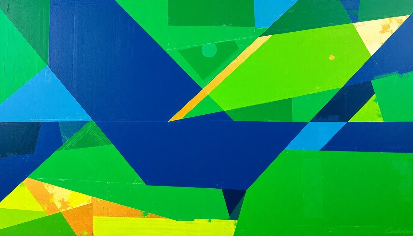 A cubist, geometric painting depicting a North Texas SC soccer match, with overlapping planes of green, navy, and gold representing the dynamic action on the field.